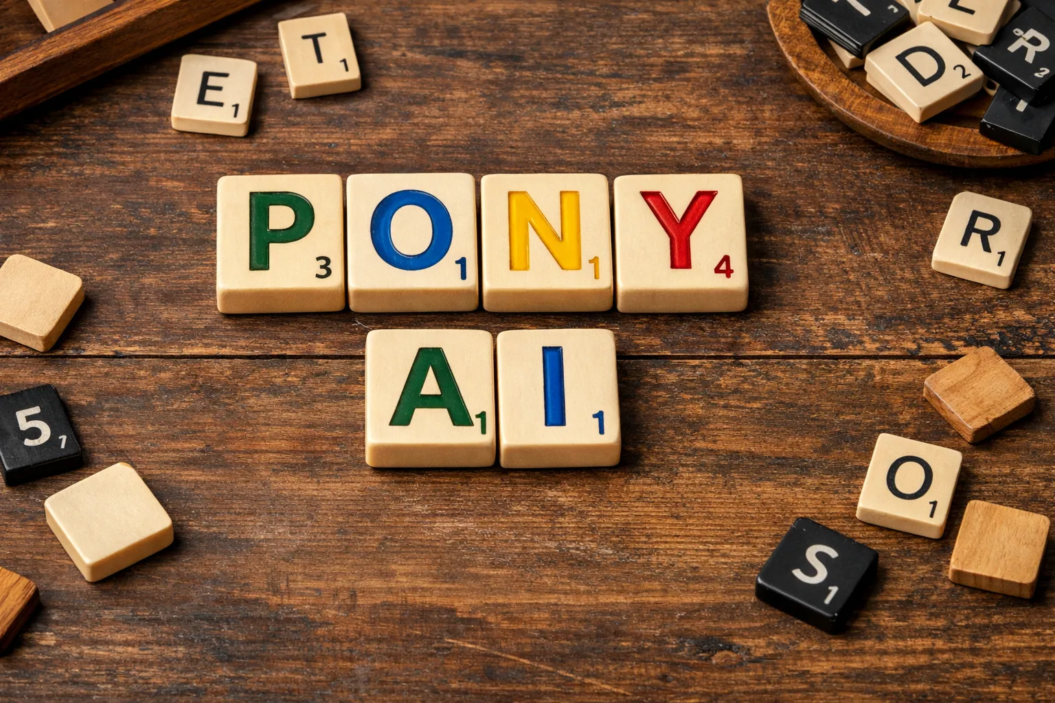 Scrabble tiles arranged to spell “PONY AI” on a rustic wooden surface with scattered letter tiles around